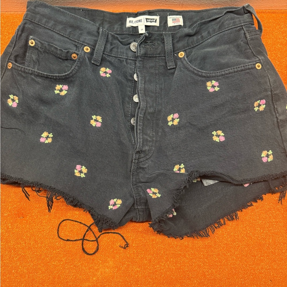 Levi's Dark Jean Shorts with Floral Embroidery
